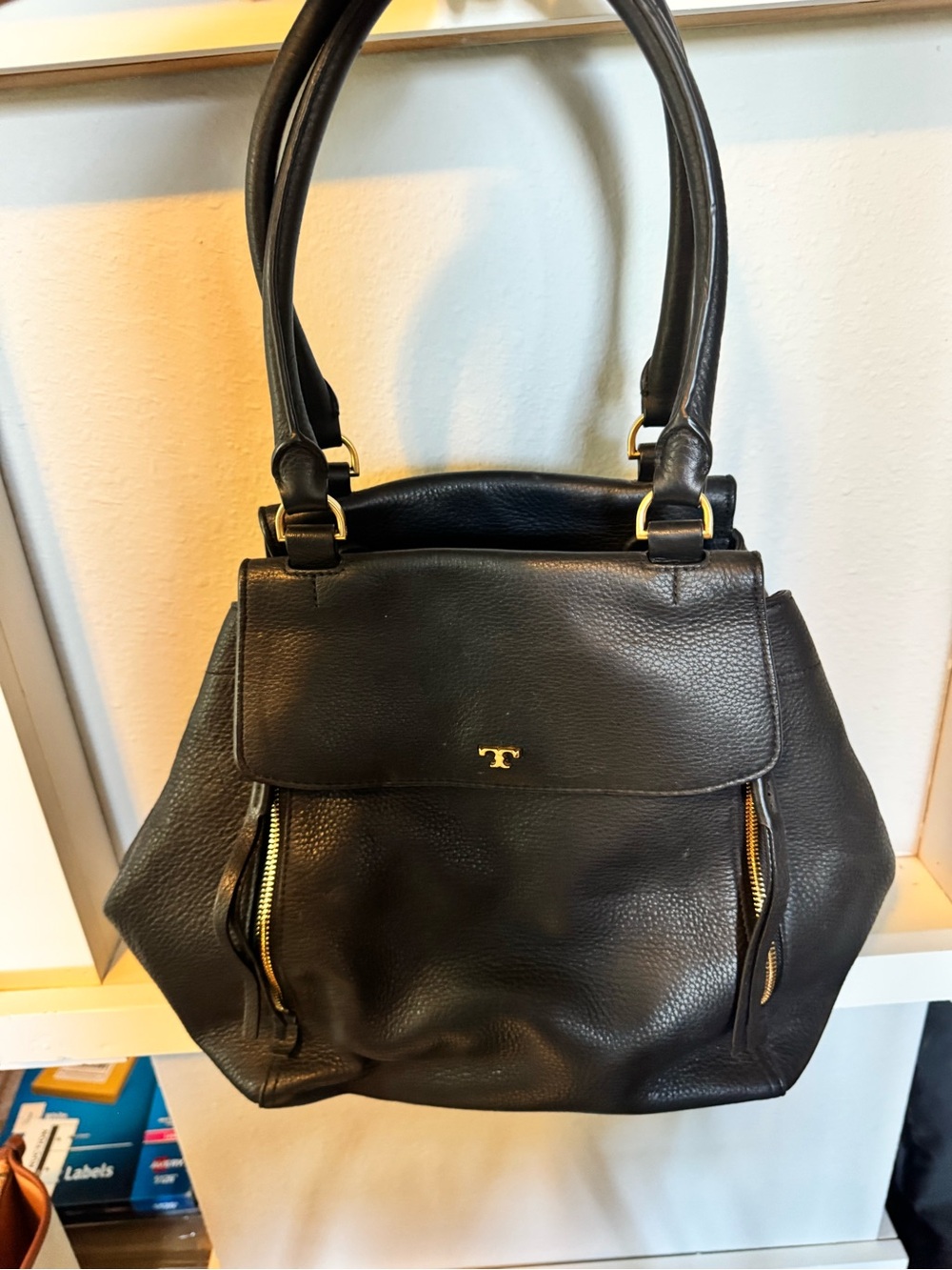 Tory Burch Black Leather Satchel with Gold Hardware